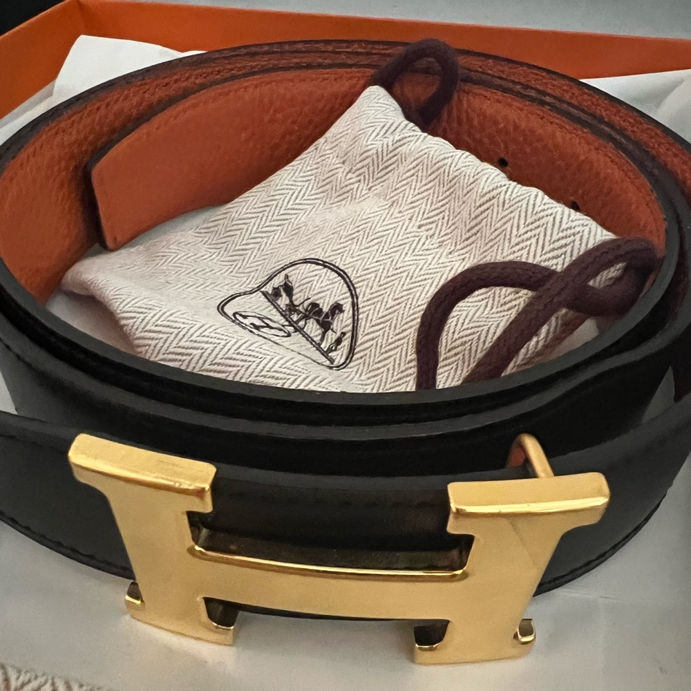 Authentic 32mm Reversible Hermes Belt Leather Orange Black Gold H Buckle Sz 100